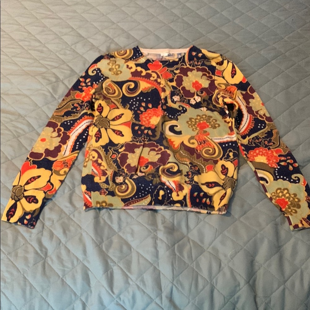 J. Crew Red and Yellow Crew Neck Sweater with Bold Pattern